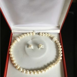 Pearl necklace, pierced ears,silver clasp, 17”l, 8”drop